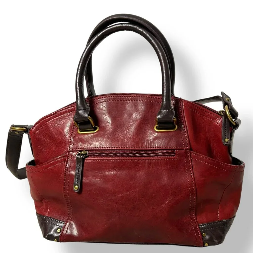 Tignanello Burgundy Leather Satchel Brown Leather Handles Trim Shoulder Strap